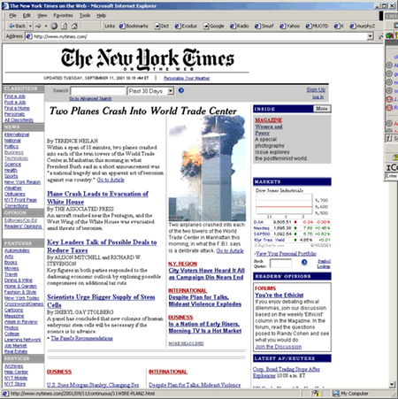 New York Times Screenshot 9-11-2001 via scripting.com 